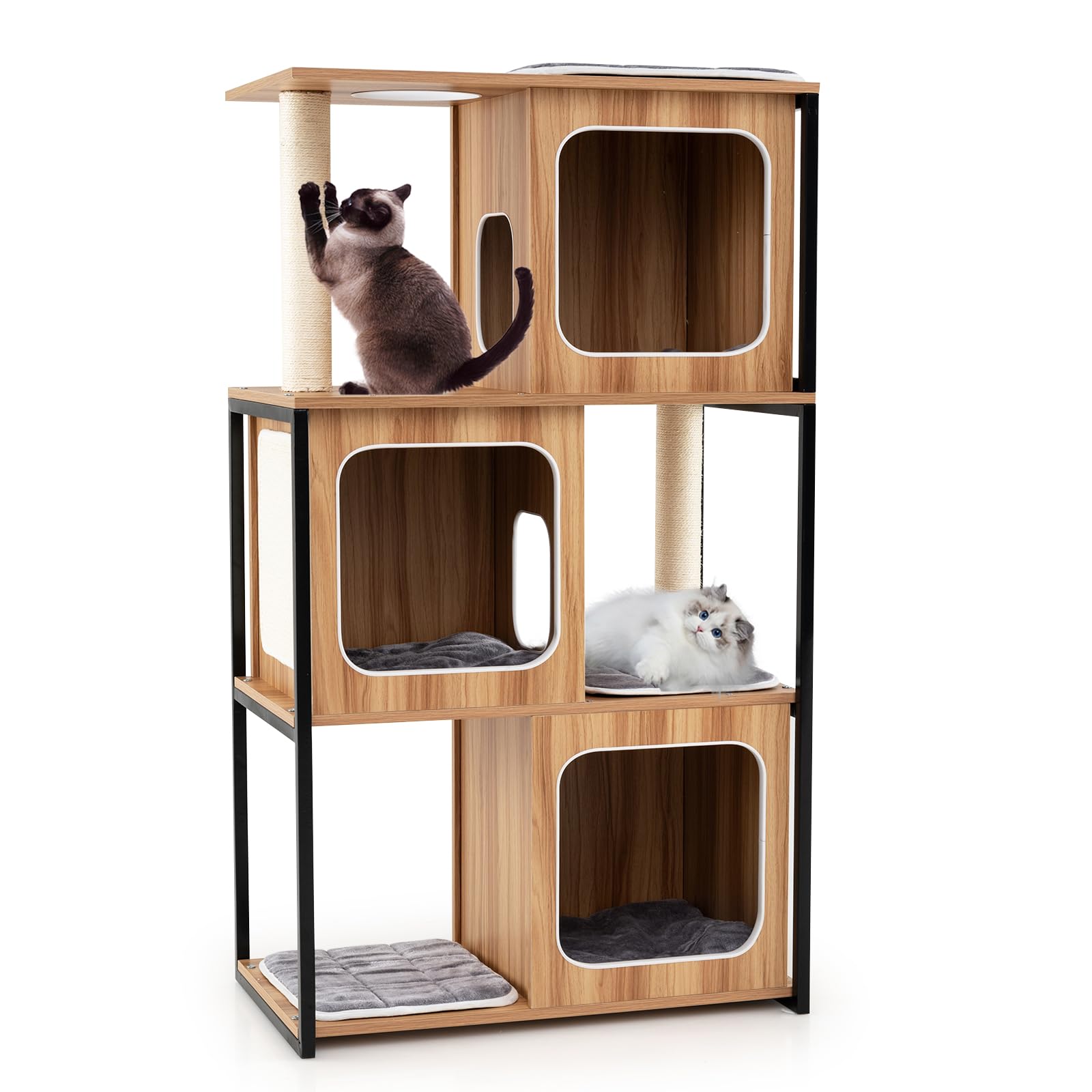 Arbre à chat moderne Tangkula, 132 cm, avec condos en bois et cadre en métal, poteaux et planche à griffer en sisal